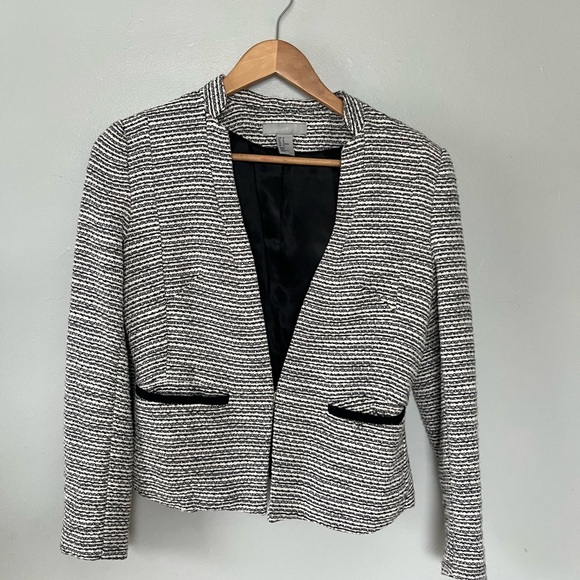 H&M Tweed Blazer Jacket Two Pockets Long Sleeves Black White Medium Large 10 - Picture 2 of 13